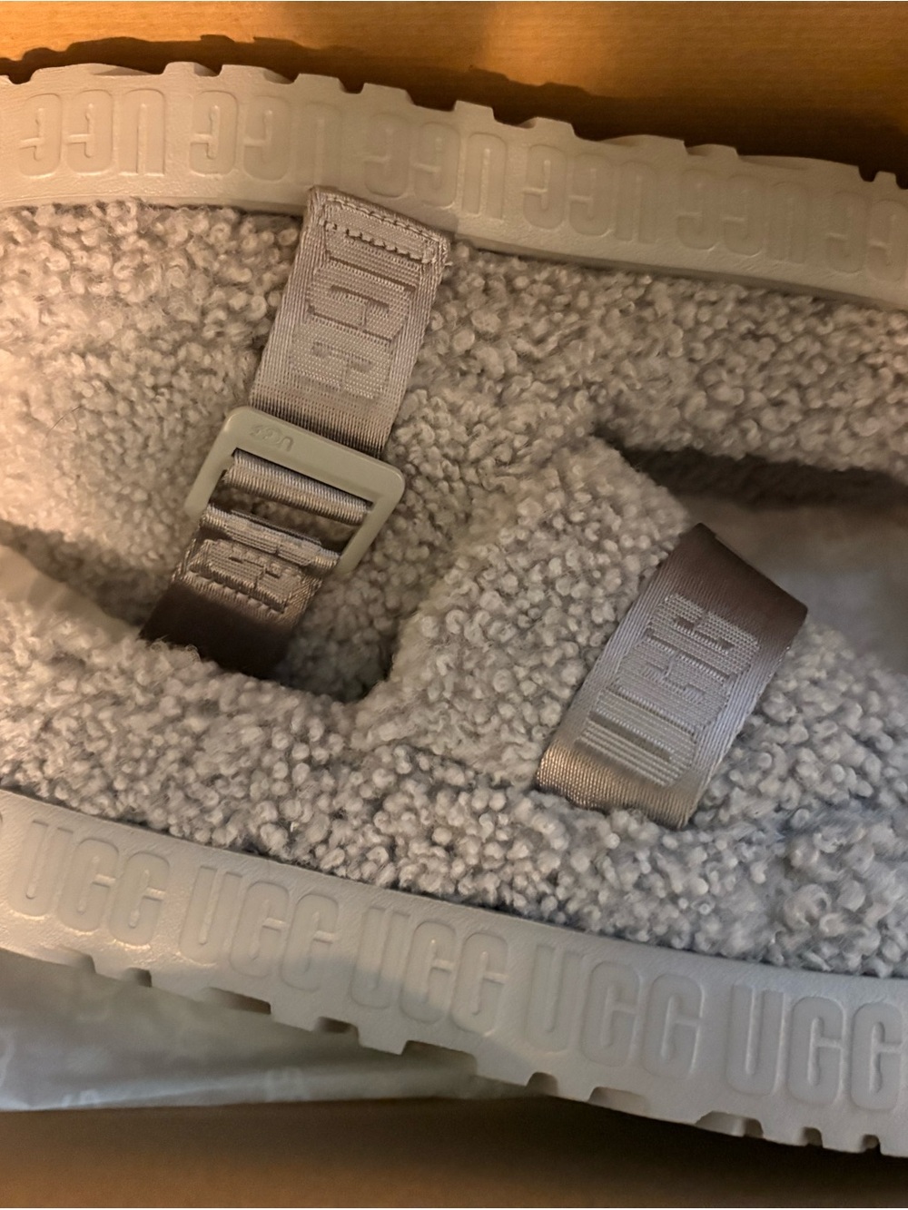 UGG Shearling Strap Slide Sandals in Light Gray